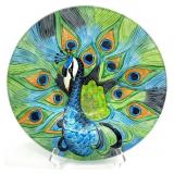 Peacock Reverse Painted Glass Bowl on Stand