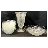 Jeannette Iris & Herringbone Glass Dishes & Vase