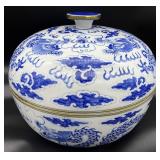 Chinese Dragon Blue & White Lidded Porcelain Bowl