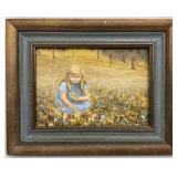 Vintage Oil Painting, Little Girl Picking Flowers
