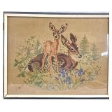 Vintage Antique Deer & Fawn Needlepoint Framed Art