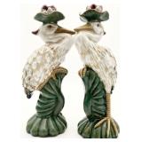 Pair Majolica Figural Heron Candlestick Holders