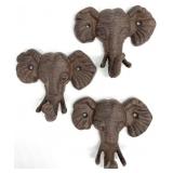 3 Cast Metal Elephant Head Wall Hooks