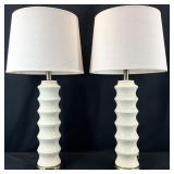 Pair Ribbed Ceramic Lamps, Brushed Gold Accents