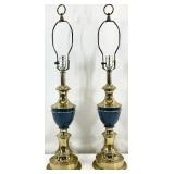 Pair Blue Accented Brass Table Lamps