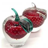 2 Murano Style Art Glass Apple Paperweights