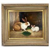 Vintage Rabbits Foraging Oil Painting, Signed