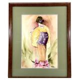 Japanese Geisha Woman Watercolor Painting, Signed