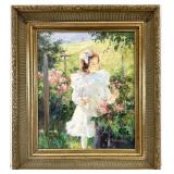 Oil Painting, Picking Spring Flowers, Signed