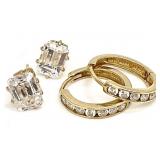 2 Pair 14K Gold Clear Stone Earrings