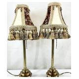 2 Small Brass Candlestick Lamps w/ Fringed Shades