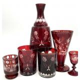 Antique Ruby Cut to Clear Glassware Group