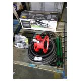 water hose, sprinkler and cord reel