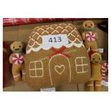 gingerbread house throw pillow w/3 plush