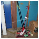 2 push brooms and dust mop duster