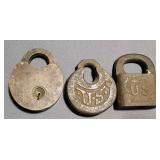 3 Antique Padlocks 2 marked U.S. No Keys