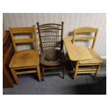 2 chairs and a wooden school desk