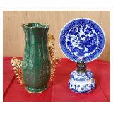 Blue Willow Plate Oil Lamp & Pearl Vase