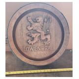 Lowenbrau Beer Barrel Keg Top Faux Wood Bar Sign
