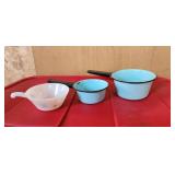 2 Turquoise Enamel Saucepans & Milkglass Soup Bowl