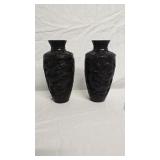 2 Chinese Black Cinnabar- Style Dragon Vase 9 1/2"