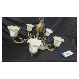 Brass 5 Arm Chandelier w/ Glass Shades