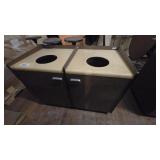Wood-look waste/recycling receptacle cabinets with