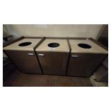 Three wood-look waste/recycling receptacle cabinet