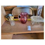 Hand made cranberry glass pitcher & misc items