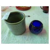 Small pottery crock & blue candle holder