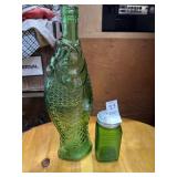 Green glass, fish bottle and Salt shaker