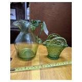 Green glass, pitcher, and basket