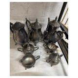 Silver plated, three coffee pots, two cream and