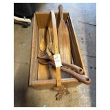 Wooden basket, paddle and spoons