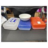 3 pencil boxes, small glass bowl