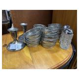 Silver plated, candlesticks dishes, and glass