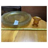 4 Amber glass plates and a toothpick holder with