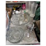 Glass cake plate, bowls, slat and pepper,