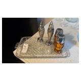 Salt and Pepper Shakers and Glass Tray