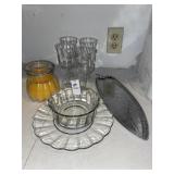 Glassware lot, platter & candle