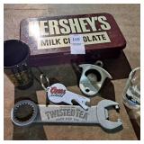 Shot glasses, bottle opener ls,vintage hershey