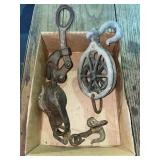 Vintage pulleys & crescent tool - tray lot Vintage pulleys & crescent tool - tray lot