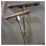 Two antique T-handle wood augers Two antique T-handle wood augers