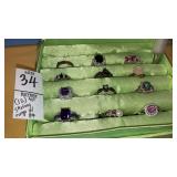 (12) 925 sterling rings w/ gems in satin storage