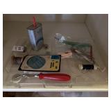 Tray of embroidery scissors, sewing supplies