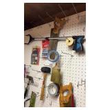 Handsaws, Hammer, Mallet, lot on pegboard