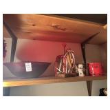 Shelf lot of Red Bowl, Trinkets and More
