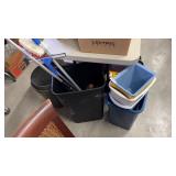 Lot of Various Sized Trash Cans, Brushes