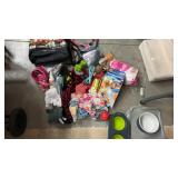 Dog diapers, dishes, leash, nail trimmers, toys