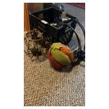 Fabric pumpkin, clamp lights, metal candle holder